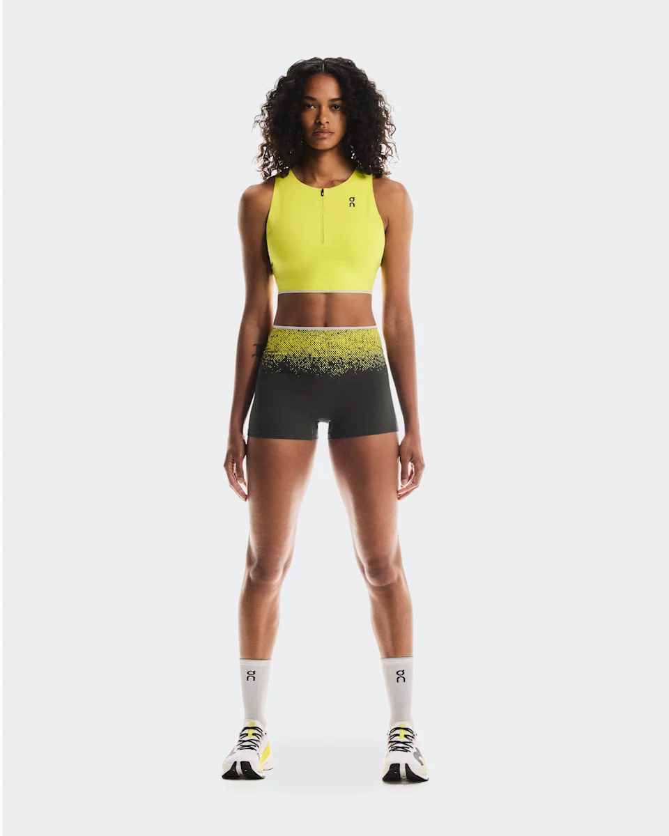 On Race Tights Short Lime Feminino – Dia da prova, ultraleve, estrutura minimalista