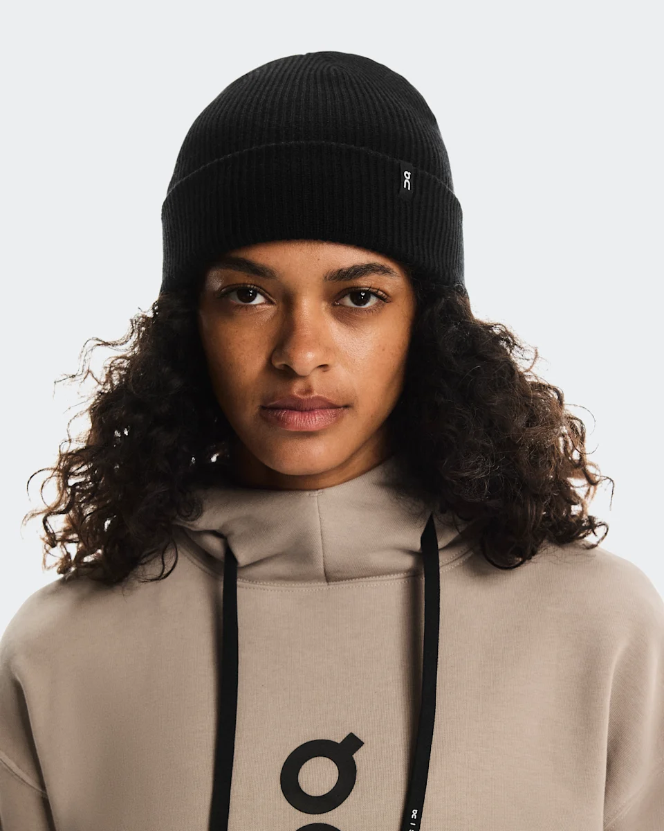 On Merino Beanie Black Unissex – Uso diário, lã merino, toque macio